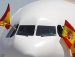 Avião levando os jogadores espanhóis chega ao aeroporto de Madri devidamente decorado com as bandeiras do país