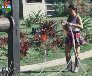 Nicole Bahls se atrapalha com a mangueira ao finalizar tarefa com a horta Nicole Bahls se atrapalha com a mangueira ao finalizar tarefa com a horta
